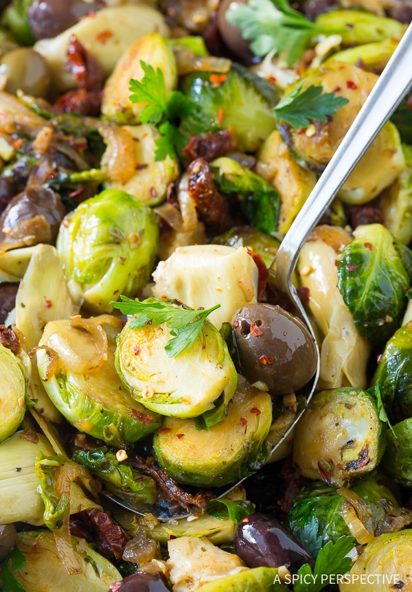 Braised Brussels Sprouts with Sun Dried Tomatoes Artichokes and Olives 14