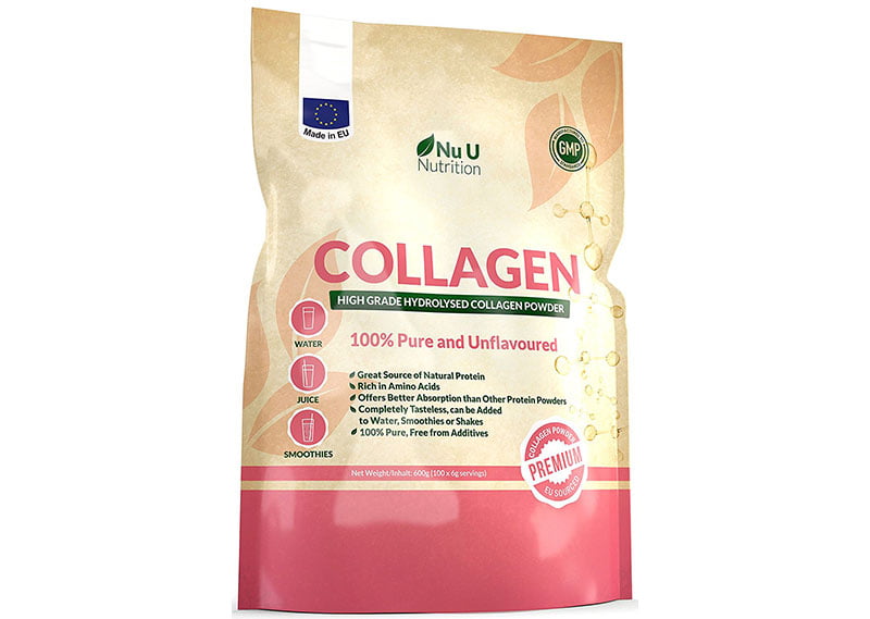 Опаковка на колагенов протеин на пудра, удобна за директна консумация.
