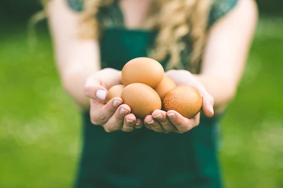 Млада жена, която държи в шепите си яйца.