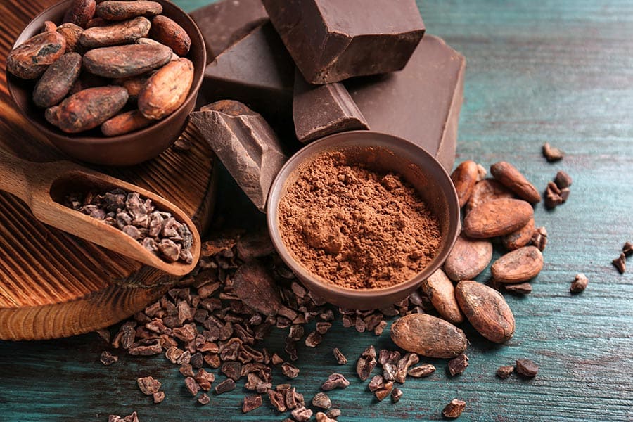 Bowls of cocoa beans and powder with broken chocolate pieces on color background