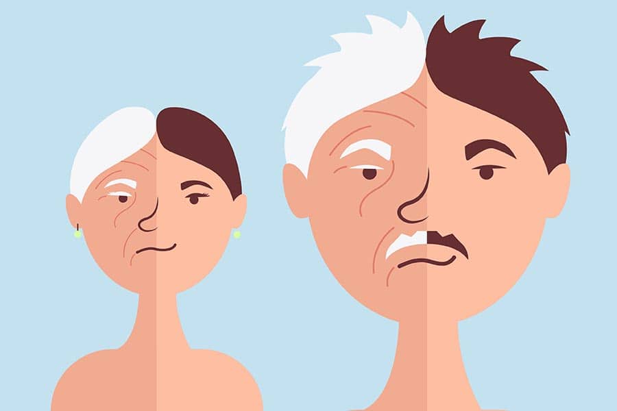 Есенциални аминокиселини. Мъж и жена, показани в две форми при естествен синтез на колаген и във възраст, в която не се синтезира колаген.