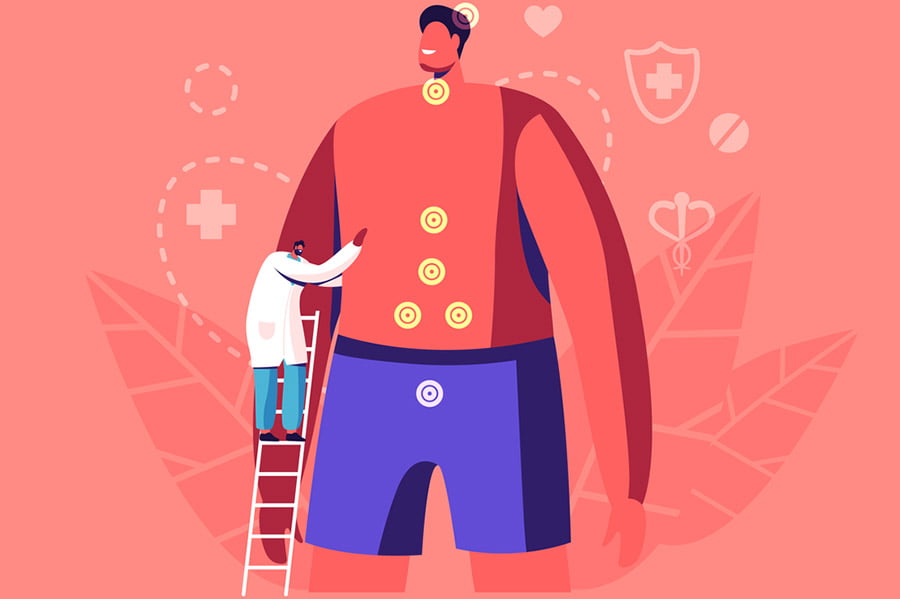 male doctor endocrinologist in medical robe stand on ladder examine patient with hormone disbalance disease analysing endocrine health lymph nodes and thyroid gland cartoon flat vector illustration
