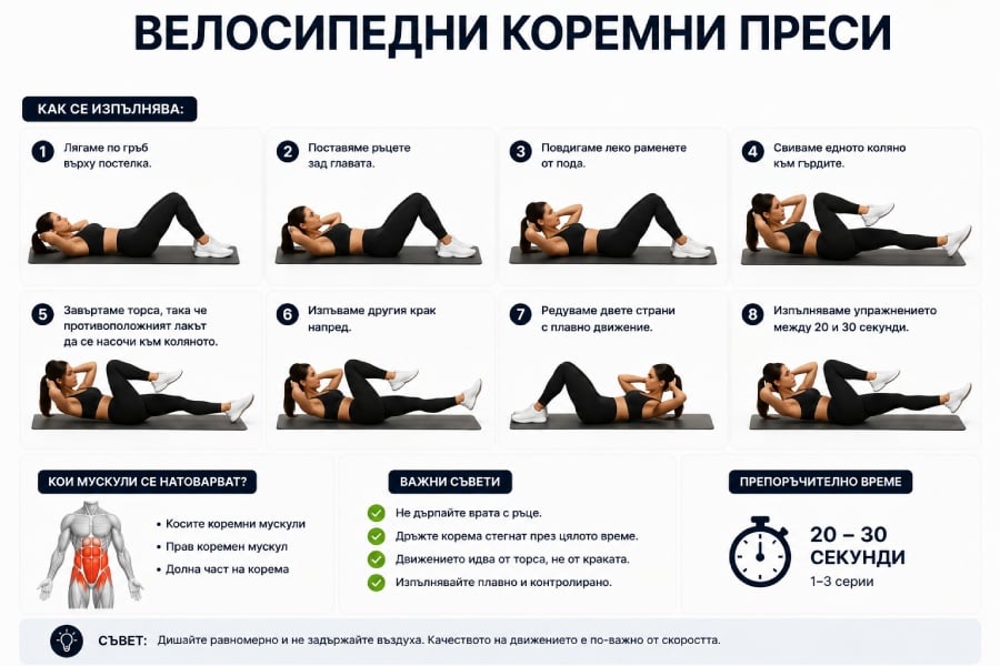 14 упражнения за паласки за изваян силует 19 Велосипедни коремни преси