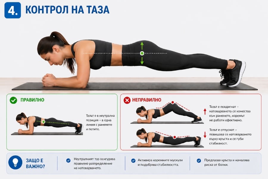 Как да правим перфектния планк за плосък корем? 8 Контрол на таза