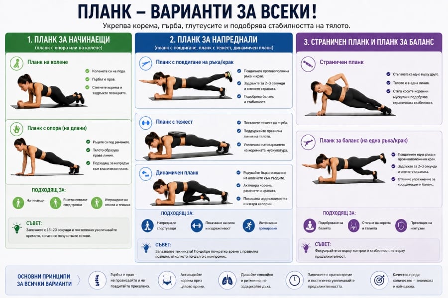 Как да правим перфектния планк за плосък корем? 12 Планк варианти