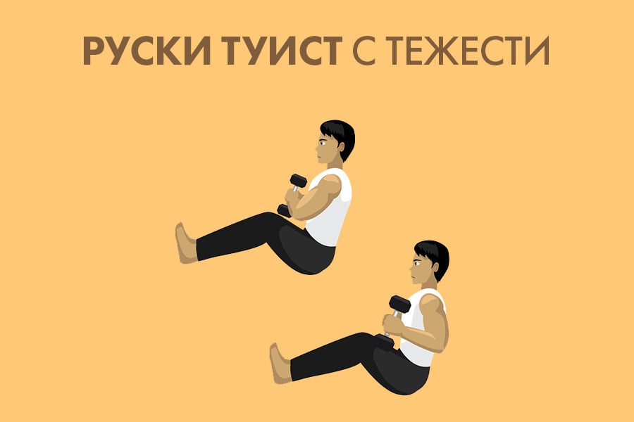 Руски туист: Как да постигнем стегната талия 10 Мъжка фигура показва как се изпълнява руски туист с тежести